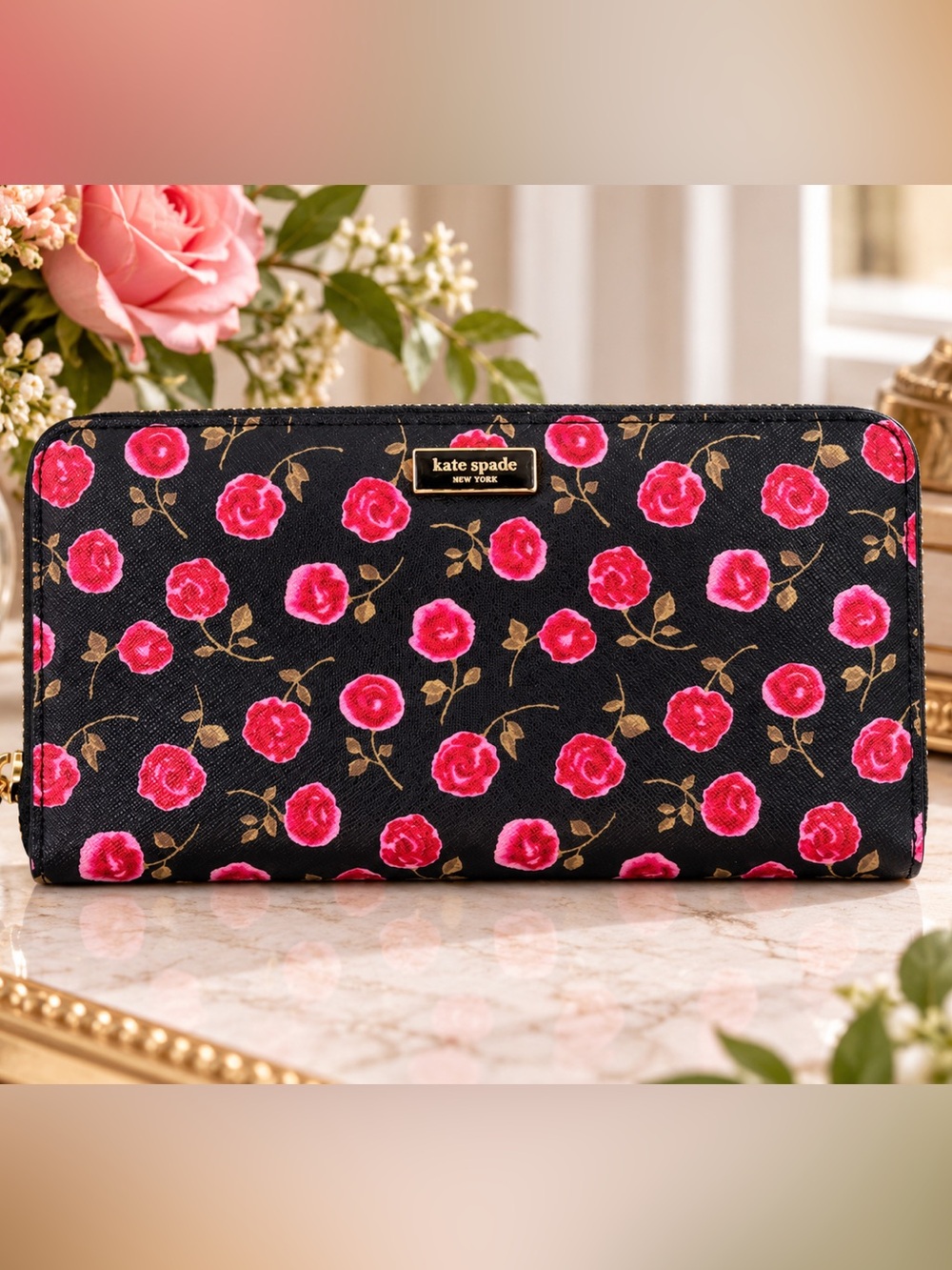 Kate Spade New York Wallet Black Pink Rose Floral Zip Around Continental Gold